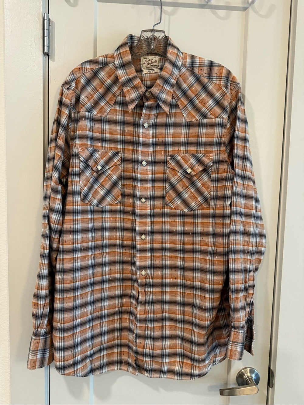 Lucky Brand Men’s Plaid Diamond Pearl Snap Shirt - Orange, White, Black